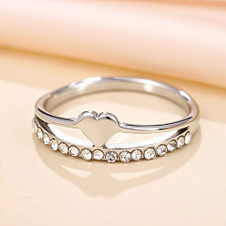 Heart 201 Stainless Steel Rhinestone Finger Rings, Stainless Steel Color, Heart, US Size 7(17.3mm)
