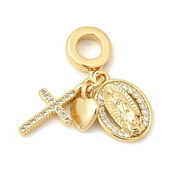 Oval Латунные подвески из прозрачного кубического циркония в европейском стиле, религия девственный крест сердце большое отверстие подвески, долговечный, без кадмия и без свинца, стойки покрытие, реальный 18 k позолоченный, овальные, 26.5 мм, отверстие : 4.5 мм