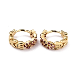 Темно-Розовый Серьга-кольцо в форме сердца со сверкающим кубическим цирконием для нее, настоящие 18 позолоченные серьги из латуни с фианитом и цирконием с микропаве, темно-розовыми, 12.5x13.5x4 мм, штифты : 0.9 мм