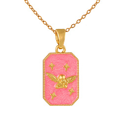 Pearl Pink 304 Stainless Steel Enamel Angel Dog Tag Pendant Necklaces, Golden, Pearl Pink, 15.75 inch(40cm)