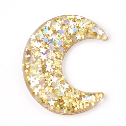 Gelb Transparente Harzcabochons, mit Pailletten, Mond, Gelb, 38x31x6.5 mm