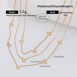 Butterfly 304 Stainless Steel Pendant Double Layer Necklaces for Women, Golden, Butterfly, 17.32 inch(44cm)