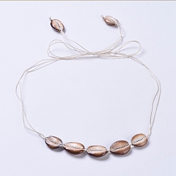 Beige Waxed Cotton Cord Bib Necklaces, with Natural Cowrie Shell Beads, Beige, 42.9 inch(109cm)