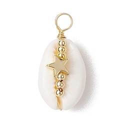 Звезда Подвески из натуральной медной проволоки из ракушек каури, латунь прелести, золотые, звезда, 25.5~28.5x12.5~15.5x9~11.5 мм, отверстие : 3.5~4.5 мм