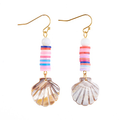 Colorful Dangle Earrings, with Polymer Clay Heishi Beads, Cellulose Acetate(Resin) Pendants, Sea Shell Beads and Golden Plated Brass Earring Hooks, Shell Shape, Colorful, 58mm, Pin: 0.7mm