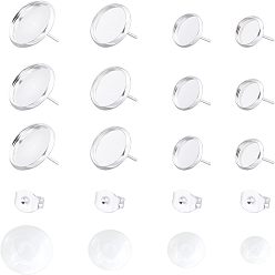 Серебро 104шт. DIY 304 наборы для изготовления сережек-гвоздиков из нержавеющей стали, с серьгами-гвоздиками и ушными гайками, Прозрачные стеклянные кабошоны, серебряные, лоток: 8 мм / 10 мм / 12 мм / 14 мм