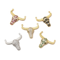 Mixed Color Rack Plating Brass Micro Pave Cubic Zirconia Connector Charms, Cadmium Free & Lead Free, Long-Lasting Plated, Cattle Head Links, Platinum & Real 18K Gold Plated, Mixed Color, 25.5x27.5x5mm, Hole: 1mm