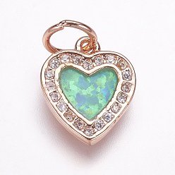 Rose Gold Brass Micro Pave Cubic Zirconia Charms, with Synthetic Opal, Heart, Rose Gold, 12x10x2mm, Hole: 4mm