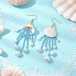 Темно-Голубой Серьги-подвески из стекла, натурального ракушечного материала и немагнитного синтетического гематита, серьги-кисточки из бисера ручной работы, формы раковины, с имитацией жемчуга, золотые, глубокое синее небо, 87.5x25 мм