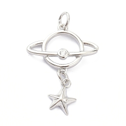 Платинированный Латунные микропаве прозрачные подвески с фианитом, с целью перехода в кольце, долговечный, планета со звездой, Реальная платина, 27x20x3.5 мм, Перейти кольцо: 5x1 мм, 3.5 мм внутренним диаметром