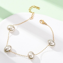 Настоящее золото 18K Браслеты из акрилового искусственного жемчуга с бусинами, 304 Браслеты из нержавеющей стали с панцирной цепью для женщин, ионное покрытие (ip), реальный 18 k позолоченный, 7-1/2 дюйм (19.2 см)