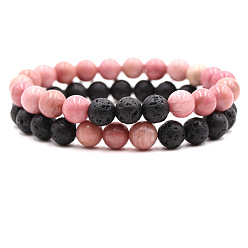 Родонит 2шт. 2 стили браслетов из натуральных бусин родонита и лавового камня, круглые, эластичные, для пары, 7.48 дюйм (19 см)