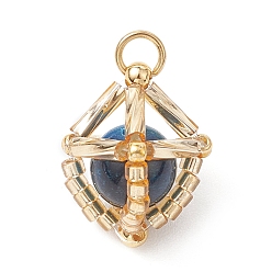 Стально-синий Подвески из натурального тигрового глаза (окрашенного и нагретого) и стеклянных бусин ручной работы, с прыжковых колец, золотые, стальной синий, 17.5x15x15 мм, отверстие : 2.8 мм