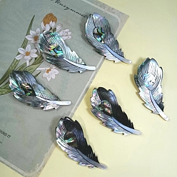 Platinum Natural Abalone Shell Brooches for Backpack Clothes, Feather, Platinum, 62x26mm