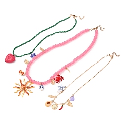 Разноцветный Подвеска в форме ракушки, солнца, сердца и морской звезды из сплава эмали 3 многослойные ожерелья для женщин, с пластиковой жемчужины, золотой свет, красочный, 17.32~21.65 дюйм (44~55 см), 3 шт / комплект