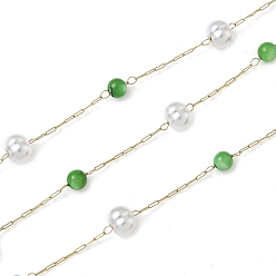 Зеленый 304 кабельные цепи из нержавеющей стали, с ракушкой и имитацией жемчуга из АБС, ионное покрытие (ip), реальный 18 k позолоченный, пайки, с катушкой, круглый с овалом, зелёные, 5x6x5.5 мм, около 32.81 футов (10 м) / рулон