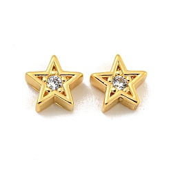 Настоящее золото 18K Латунные микропаве из прозрачного кубического циркония, звезда, реальный 18 k позолоченный, 6x6.5x3 мм, отверстие : 1 мм