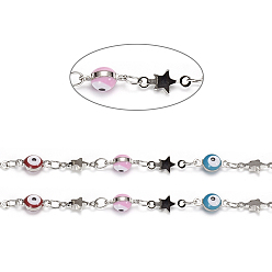 Platinum Handmade Brass Beaded Chains, with Enamel and Spool, Soldered, Long-Lasting Plated, Evil Eyes & Star, Colorful, Platinum, 9x4.5x4mm, 9.5x4.5x1.5mm, about 32.8 Feet(10m)/roll