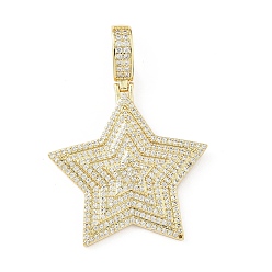 Прозрачный Латунные микропаве прозрачные подвески с фианитом, звезда, без свинца и без кадмия, долговечный, стойки покрытие, реальный 18 k позолоченный, прозрачные, 33.5x32.5x4 мм, отверстие : 8.5x5 мм