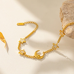 Golden 304 Stainless Steel Micro Pave Clear Cubic Zirconia Moon & Star Link Bracelets for Women, Golden, 6.30 inch(16cm)