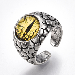 Yellow Alloy Glass Cuff Finger Rings, Wide Band Rings, Dragon Eye, Antique Silver, Yellow, Size 9, 19mm