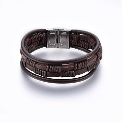 Stainless Steel Color Leather Cord Multi-strand Bracelets, with 201 Stainless Steel Clasp, Rectangle, Coconut Brown, Stainless Steel Color, 8-5/8 inch(22cm), 4~22x4~7mm