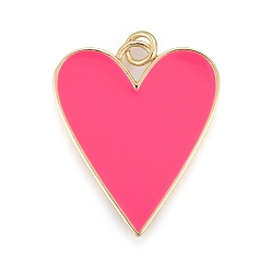 Hot Pink Brass Enamel Pendants, Real 18K Gold Plated, Long-Lasting Plated, Heart, Hot Pink, 27x22x2mm, Hole: 3mm, jump rings: 5x1mm