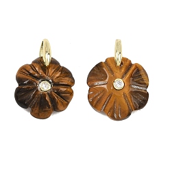 Tiger Eye Natural Tiger Eye Pendants, Flower Charms with Brass Micro Pave Cubic Zirconia Findings, Golden, 16.5~17x15~16x4.5~5.5mm, Hole: 4.4x4mm