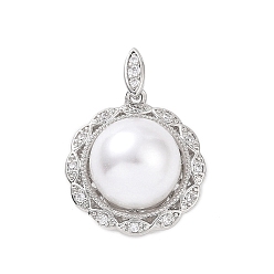 Platinum Eco-friendly Rack Plating Brass Micro Pave Cubic Zirconia Pendants, with ABS Platic Imitation Pearls, Cadmium Free & Lead Free, Long-Lasting Plated, Flower Charm, Platinum, 19.5x18x12.5mm, Hole: 2x4mm