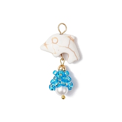 Dolphin Подвески из стекла в виде морских организмов, с ракушками и жемчугом из ракушек, синтетическими бирюзовыми бусинами и золотыми 304 петлями из нержавеющей стали с петлями для глаз, дельфин, 35.5x19x11 мм, отверстие : 3 мм