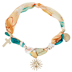 Doré  Colliers ras du cou en polyester pour femmes, Colliers avec pendentif soleil en alliage et croix en acier inoxydable et strass, or, 18.50 pouce (47 cm)