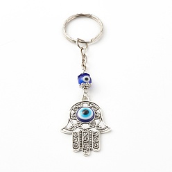 Античное Серебро Брелок из эмалевого сплава, с круглыми бусинами лэмпворк и железными кольцами для ключей, Хамса руку с дурным глазом, синие, античное серебро, 10.7 см
