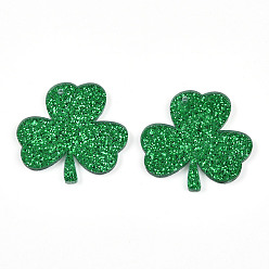 Зеленый Непрозрачные акриловые подвески, клевер, с блестка, зелёные, 34.5x36x3 мм, отверстие : 1.6 мм