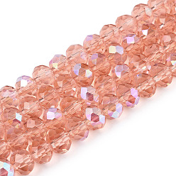 Лосось Стеклянные бусины с гальваническим покрытием , с половиным покрытием цвета радуги, граненые, рондель, salmon, 6x5 мм, отверстие : 1 мм, около 80~85 шт / нитка, 38~40 см