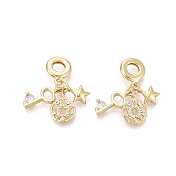 Плоский Круглый Латунь микропаве прозрачный кубический цирконий европейские подвески с подвесками, Подвески с большими отверстиями, реальный 18 k позолоченный, плоский круглый ключ звезда, 31 мм, отверстие : 5 мм