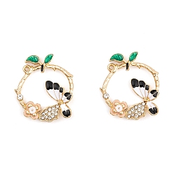 Black Rack Plating Alloy Enamel Pendants, with Rhinestone, Light Gold, Ring with Butterfly Charm, Black, 31x26x3.5mm, Hole: 1.4mm