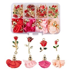 Mixed Color 48Pcs 8 Style Alloy Enamel & Cloth Pendants, for Valentine's Day, Rose Flowers, Mixed Color, 19x9x2.5mm, Hole: 1.4mm