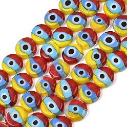 Разноцветный Ручной зло бусины глаз, плоско-круглые, красочный, 10x3.5 мм, отверстие : 0.8 мм, около 38 шт / нитка, 14.45'' (36.7 см)