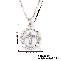 Белый Блестящие ретро-латунные подвески с микропаве из прозрачных кубических цирконий в форме овала с крестом и эмалью, платина, белые, 15.75 дюйм (40 см)