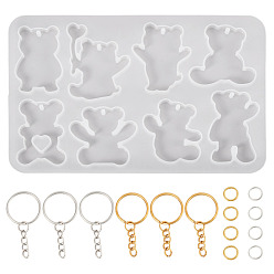 Bear DIY Pendants Silicone Molds, for Women Earrings, with Iron Open Jump Rings, Iron Split Key Rings, Mixed Color, Bear, 145x95x5mm, Hole: 2mm, Inner Diameter: 35~46x35~36mm