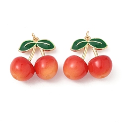 Светло-Коралловый Подвески из сплава зеленой эмали и смолы вишневые, фруктовые прелести, золотые, стойки покрытие, долговечный, свет коралловый, 26x28x13 мм, отверстие : 3.5 мм