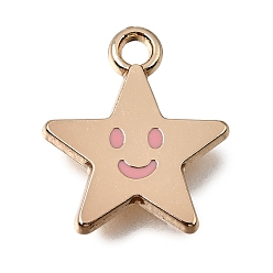 Pink Alloy with Enamel Charms, Star with Smiling Face Charms, Rack Plating, Golden, Pink, 14x12x1.5mm, Hole: 1.6mm