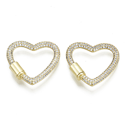 Прозрачный Латунные микропаве, кубический цирконий, винт, карабин, подвески с замком, для изготовления ожерелий, сердце, без никеля , реальный 16 k позолоченный, прозрачные, 26x27x3 мм, винт: 8x5 мм