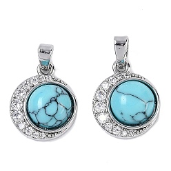 Синтетическая Бирюза Латуни циркония кубической подвески, с синтетическими бирюзовый, плоские круглые прелести, 15x12.5x6 мм, отверстие : 4.5x2.5 мм