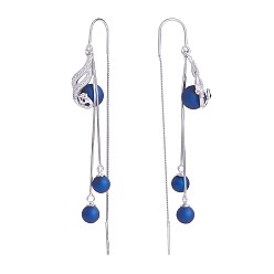 Platinum Anti-Tarnish Rhodium Plated 925 Sterling Silver Peacock with Chain Tassel Dangle Earrings, Resin Beaded Long Drop Ear Thread for Women, Platinum, 74x10.5mm, Pin: 0.8mm