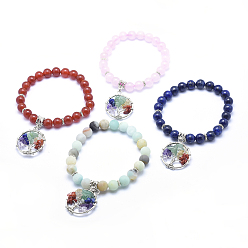 Mixed Stone Natural Gemstone Stretch Charm Bracelets, with Alloy Pendants, Flat Round with Tree, 2-1/4 inch(56mm)
