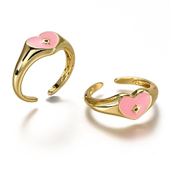 Pink Brass Micro Pave Clear Cubic Zirconia Cuff Rings, Open Rings, with Enamel, Heart with Star, 
Real 18K Gold Plated, Long-Lasting Plated, Pink, US Size 7 1/4(17.5mm)