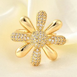 Настоящее золото 18K Латунные микропаве кубические цирконии регулируемые открытые манжеты кольца для женщин, цветок, без кадмия, без никеля и без свинца, реальный 18 k позолоченный, 26x27.5 мм, внутренний диаметр: регулируемый