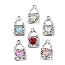 Platinum UV Plating Alloy Glass Pendants, Heart Lock Charm, with Rhinestone, Faceted, Mixed Color, Platinum, 19.5x10.5x3.5mm, Hole: 1.9mm
