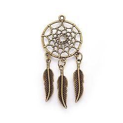 Antique Bronze Tibetan Style Alloy Big Pendants, Woven Net/Web with Feather, Antique Bronze, 65~66x28.5x1.5mm, Hole: 1.5mm